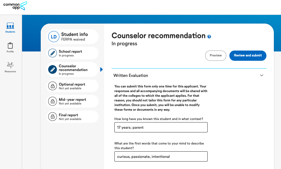 Common App Upload Counselor Section